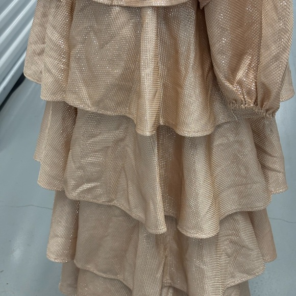 Mazik Tan Blush Pink Gold Ruffled Tiered Gown with Mandarin Collar - Picture 9 of 15